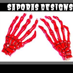 Red & Black Skeleton Hands Hair Bows For Halloween Costume Biker Gothic Punk